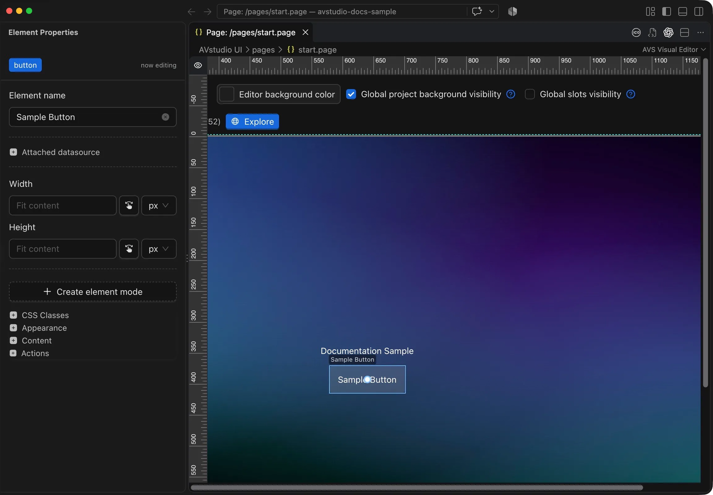 AVstudio canvas with Sample Button selected and its Element Properties sidebar showing size, appearance, content, and actions