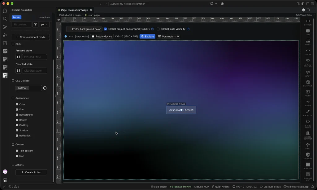 Actions and feedback are configured for a selected element.