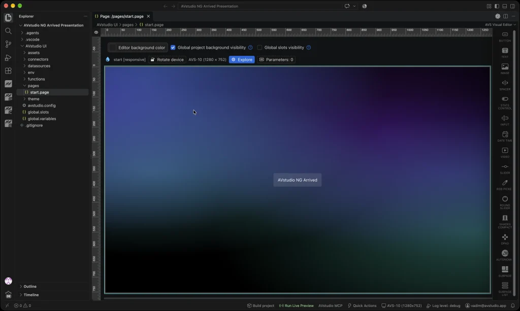 The visual canvas, project Explorer, and element palette in AVstudio Editor NG.
