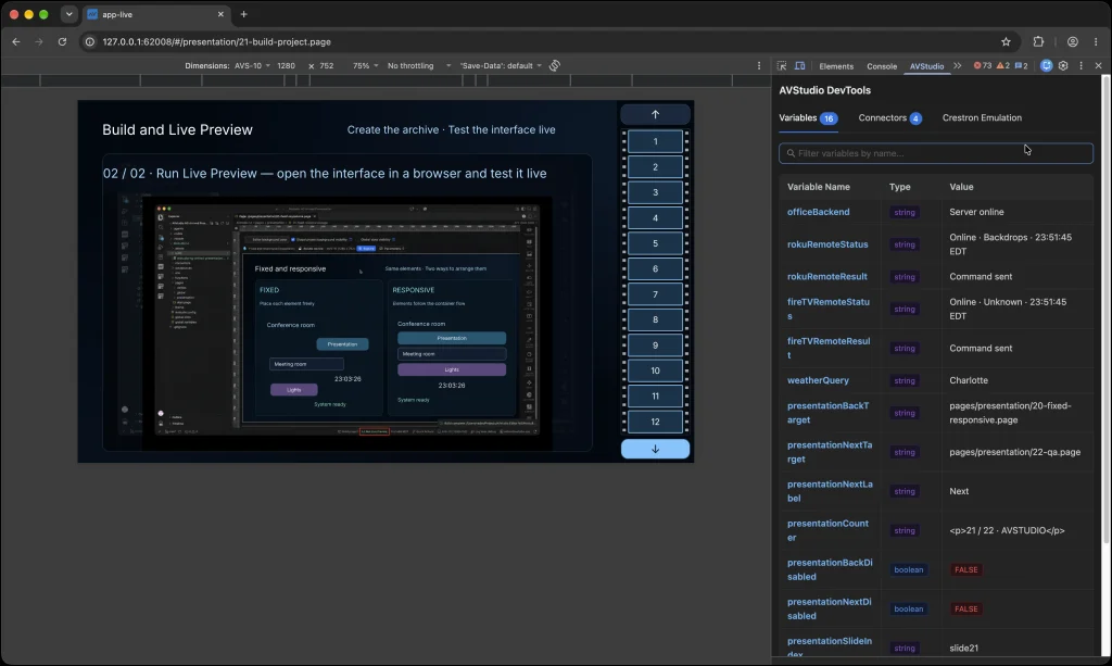 Inspect live variable values in the AVstudio panel in Chrome DevTools.