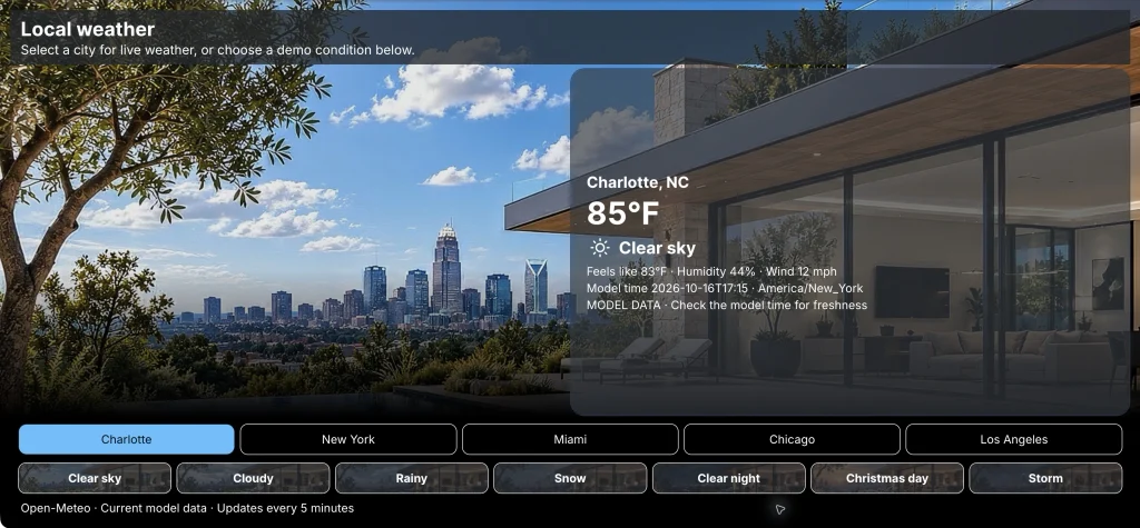 A weather interface illustrates how external data can drive content and visual state.