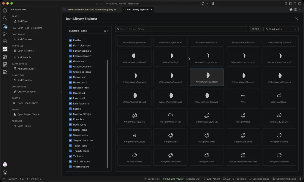 Browse and search the bundled icon packs in the Icon Library Explorer.