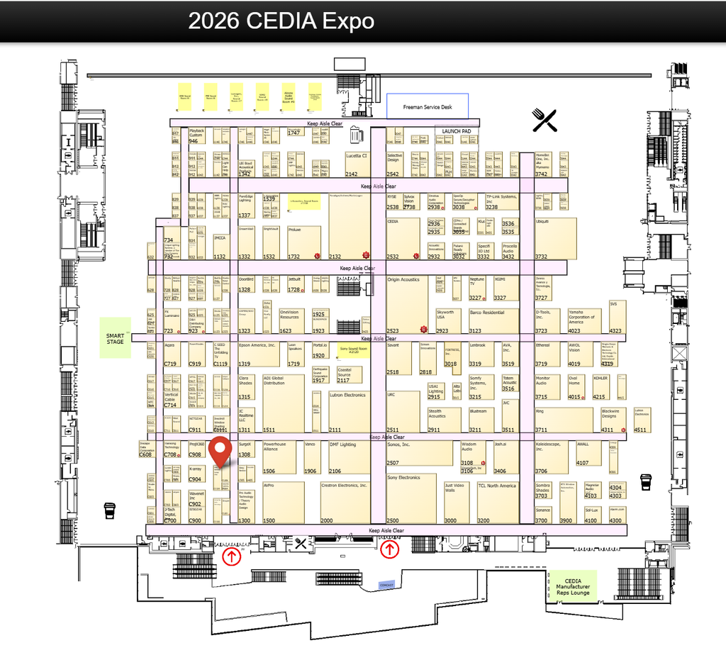 CEDIA Expo 2026 floor plan showing AVstudio at Booth C1104