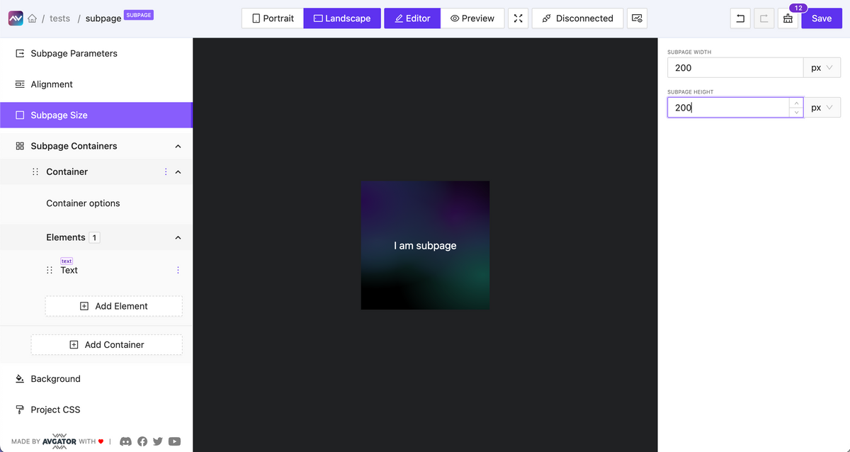 Subpage optional default fixed size