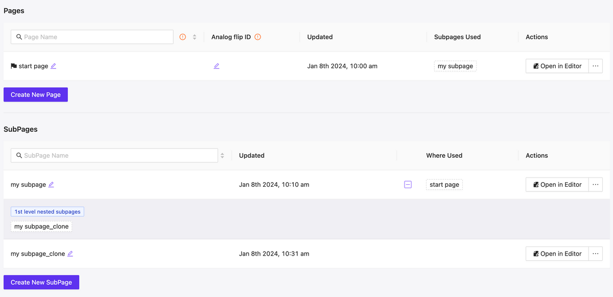 Pages & Subpages interface updated