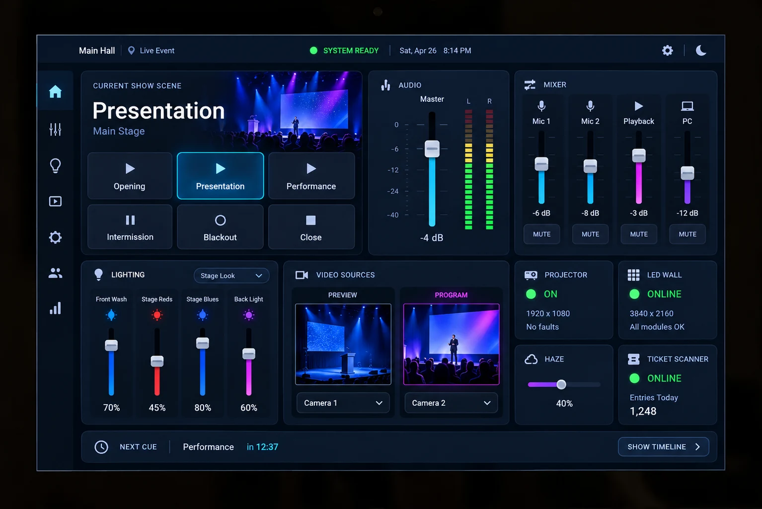 AVS-10 touch panel showing the live event show-control interface