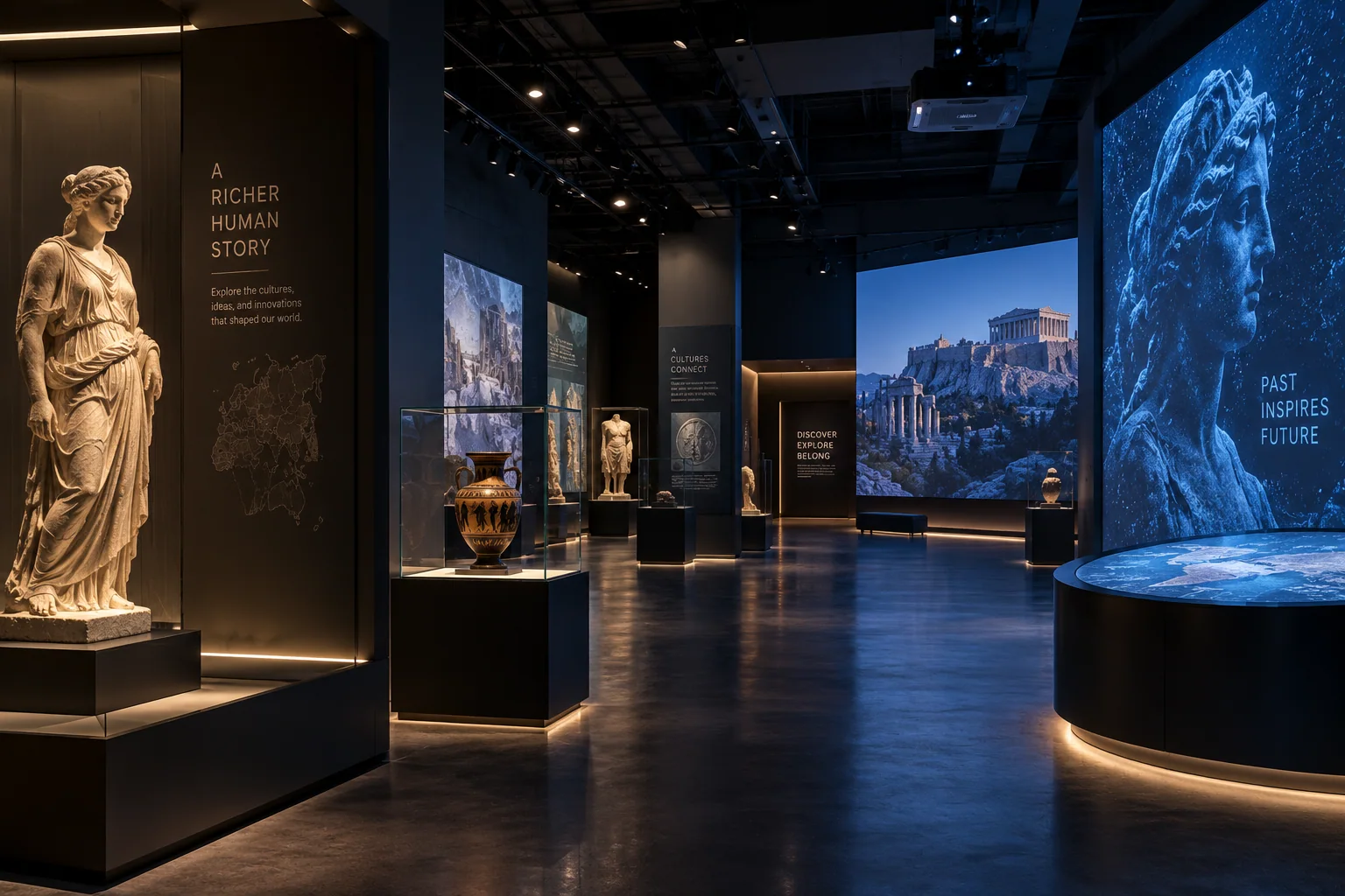 Immersive museum exhibition with statues, projection, digital displays, and architectural lighting