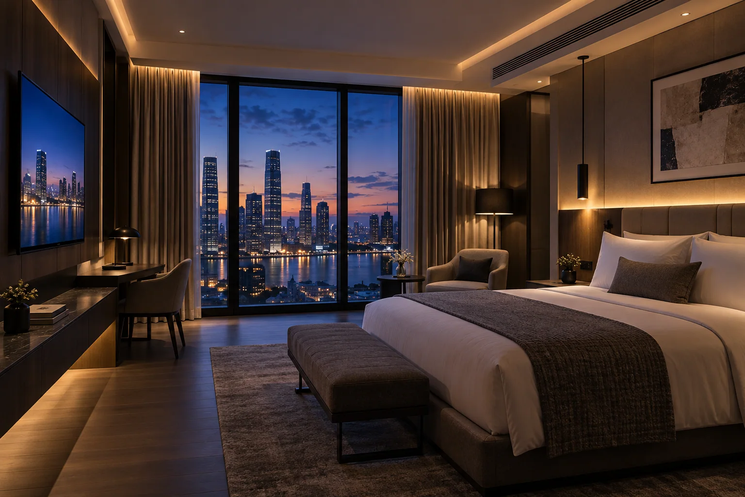 Premium hotel guest room with integrated lighting, television, climate control, and city view