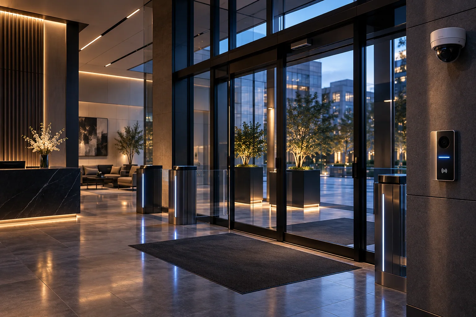 Modern building lobby with access gates, security camera, intercom, and controlled entrance