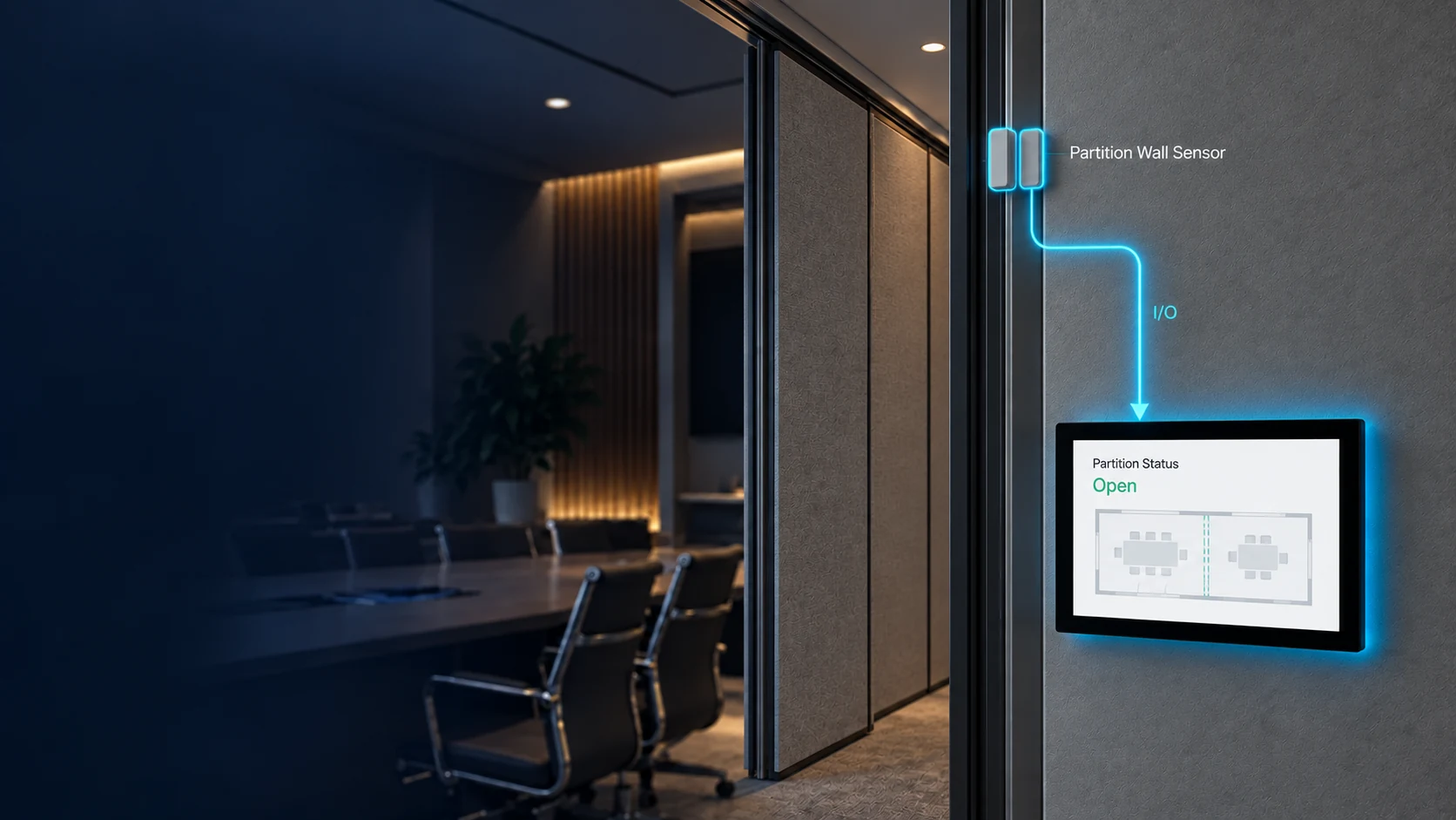 Partition wall sensor sending its state via I/O to an AVS touch panel displaying the room partition status