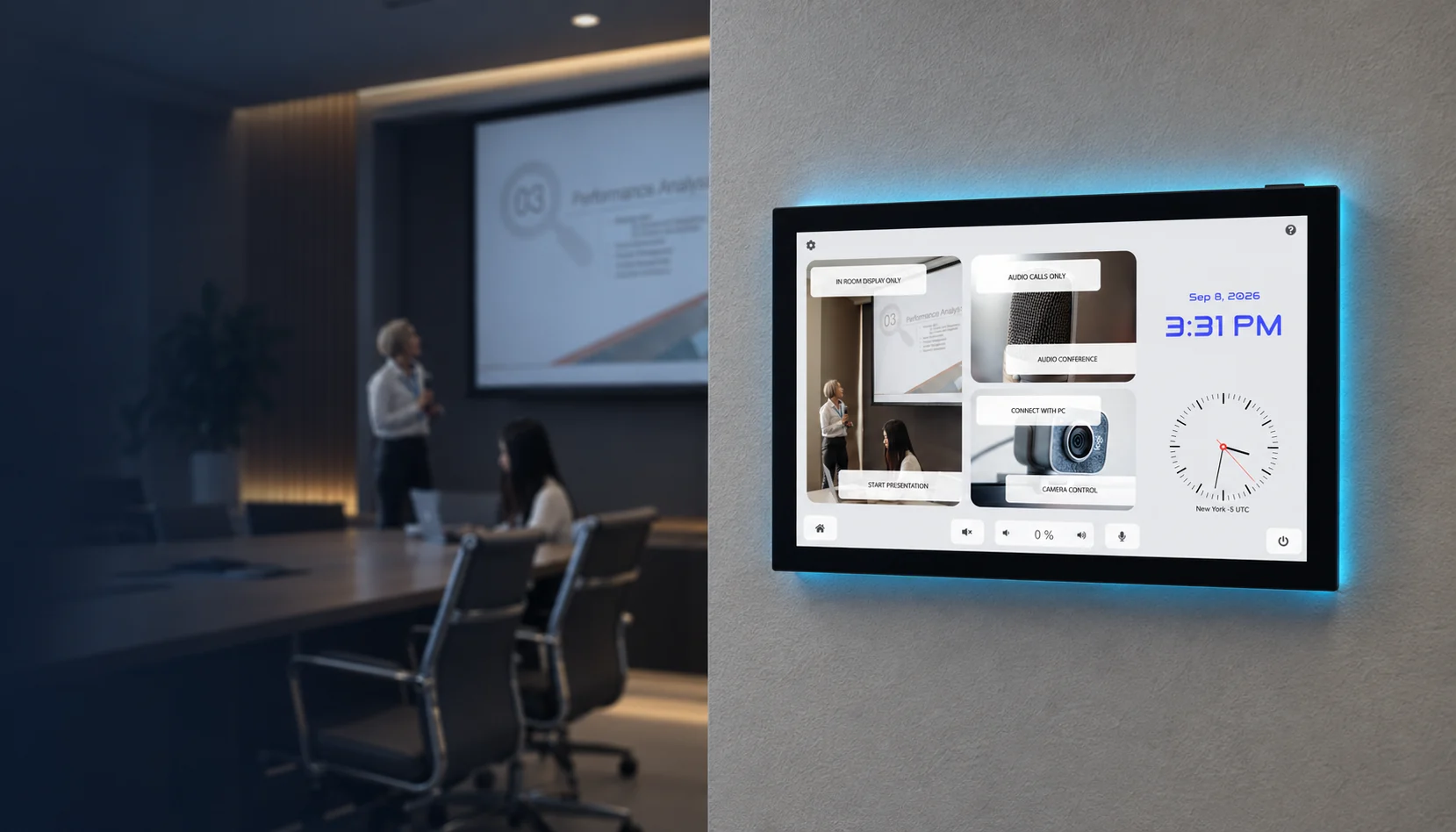 AVS touch panel with cyan backlight and a conference room control interface, mounted beside a meeting room