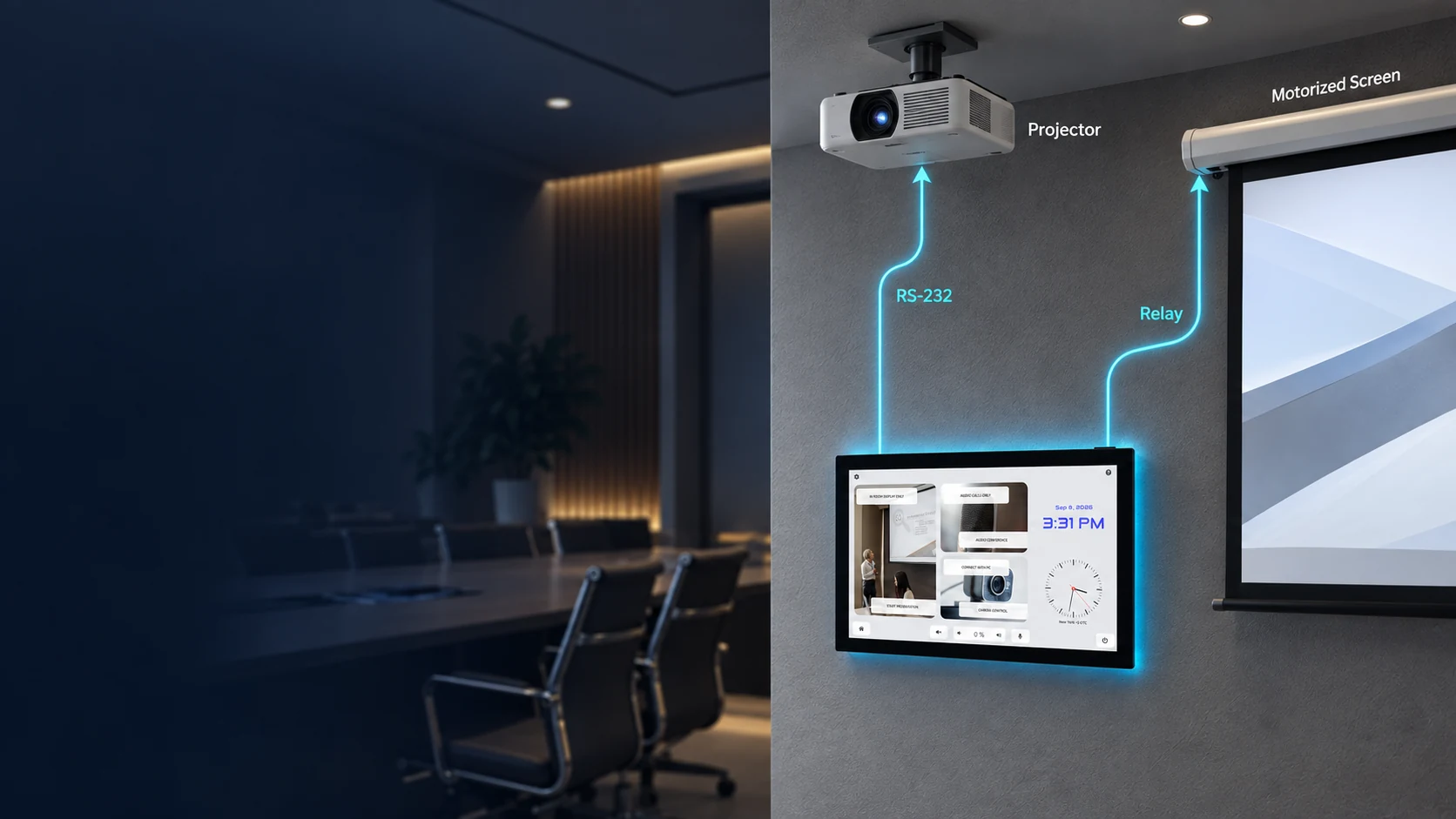 AVS panel controlling a ceiling-mounted projector via RS-232 and a motorized projection screen via Relay