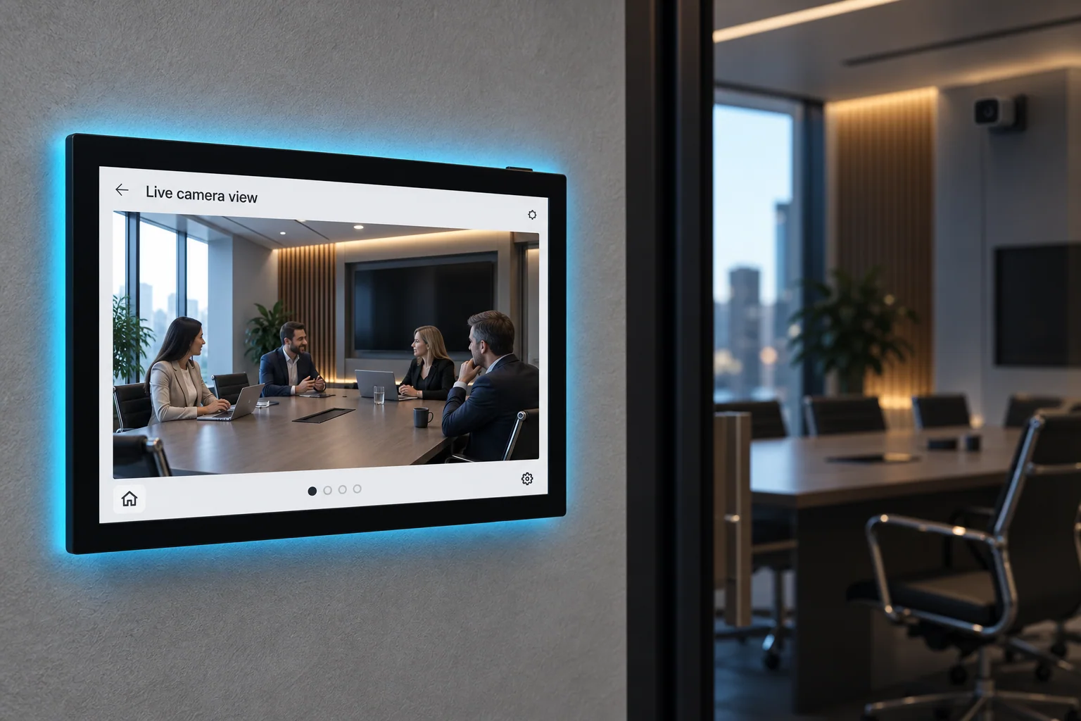 An AVS touch panel showing a live camera view of colleagues in a conference room