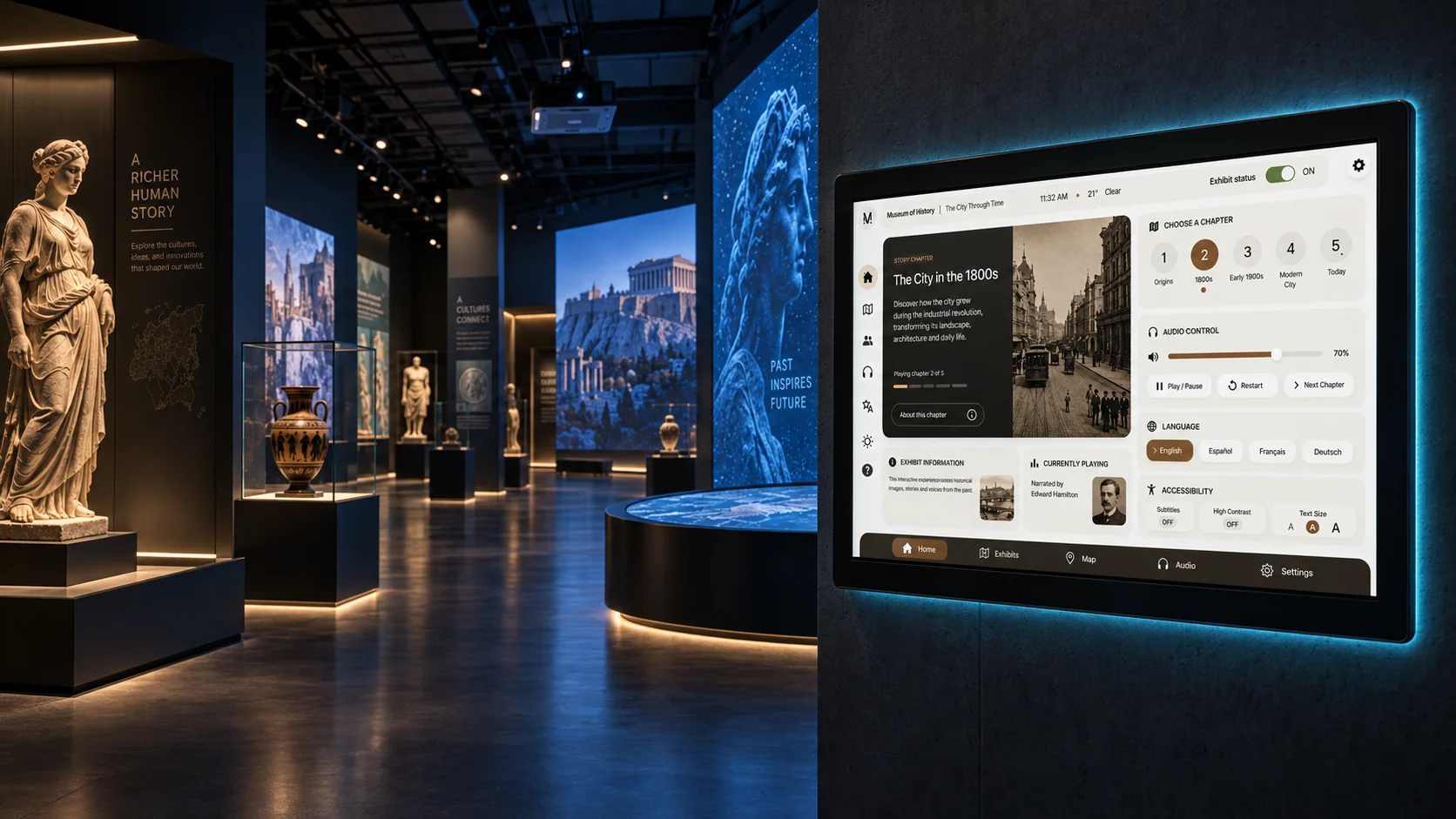 AVS touch panel controlling interactive experiences in a modern museum gallery