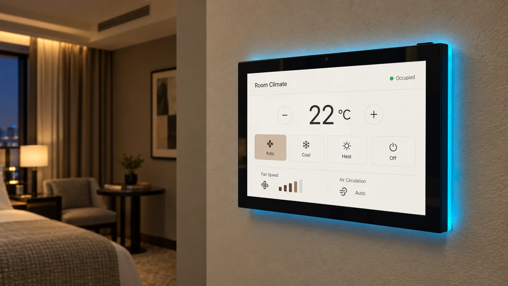 Hotel room touch panel with climate and HVAC controls
