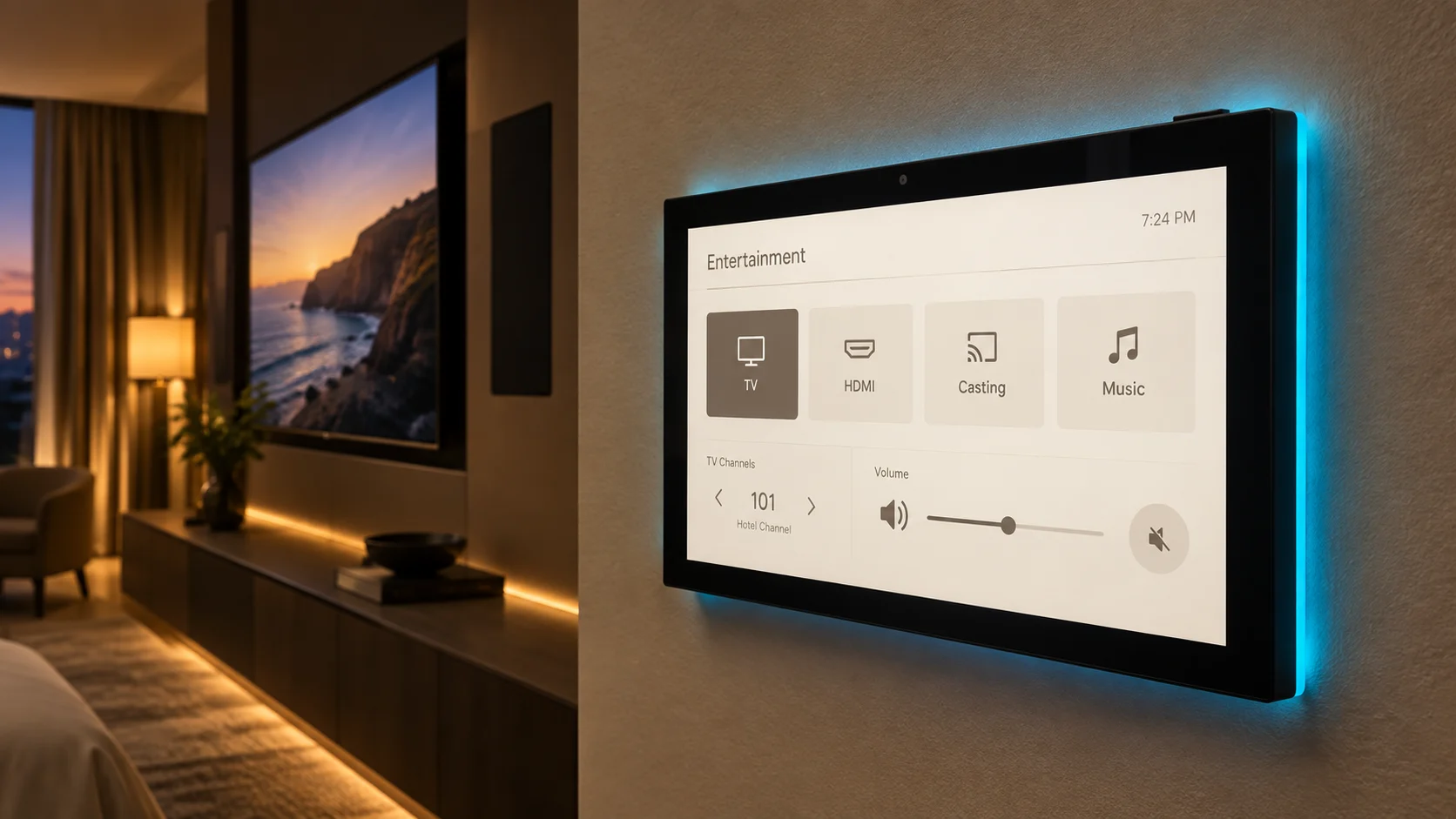 Hotel room touch panel controlling television and audio entertainment